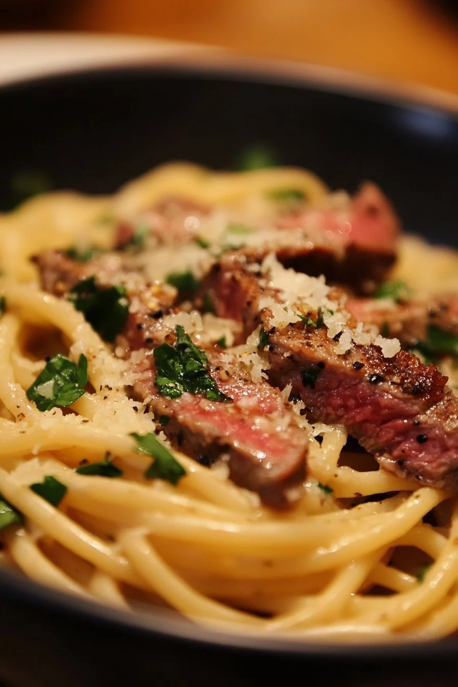 Pasta con bistecca piccante all'aglio e parmigiano