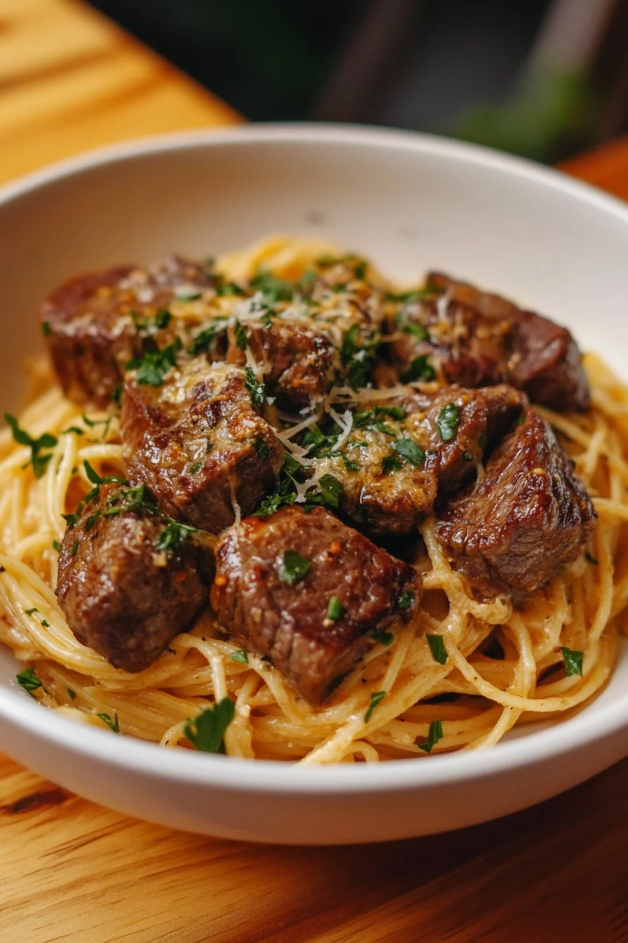 Bocconcini di Manzo all'Aglio con Pasta Cremosa