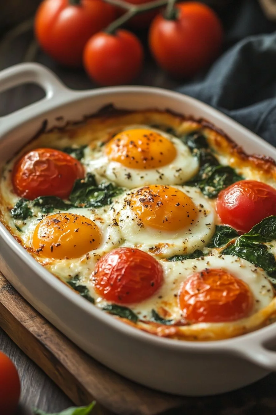 Uova Feta Cotte con Pomodori e Spinaci