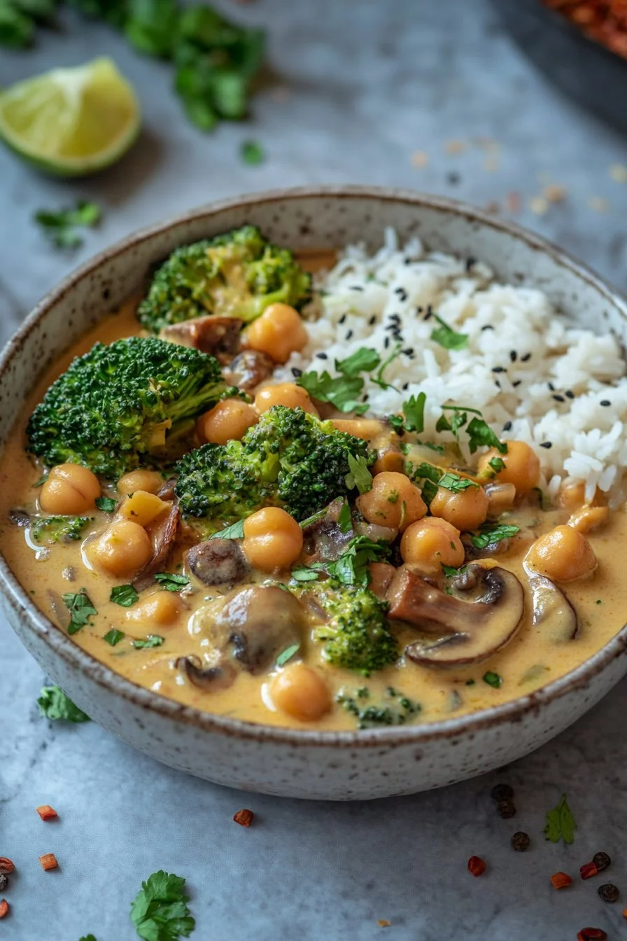 Curry di Broccoli, Ceci e Funghi nel Latte di Cocco