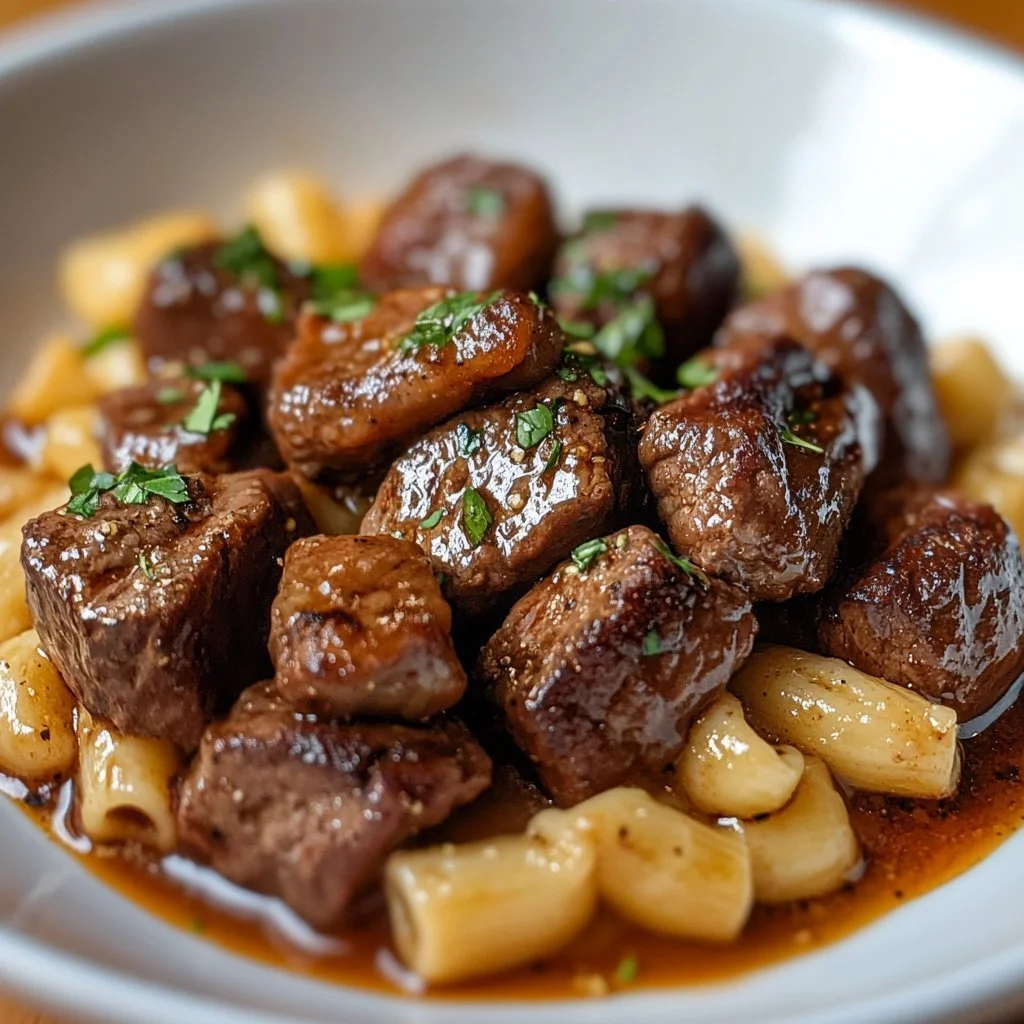 Bocconcini di Manzo all'Aglio serviti con Pasta Cremosa