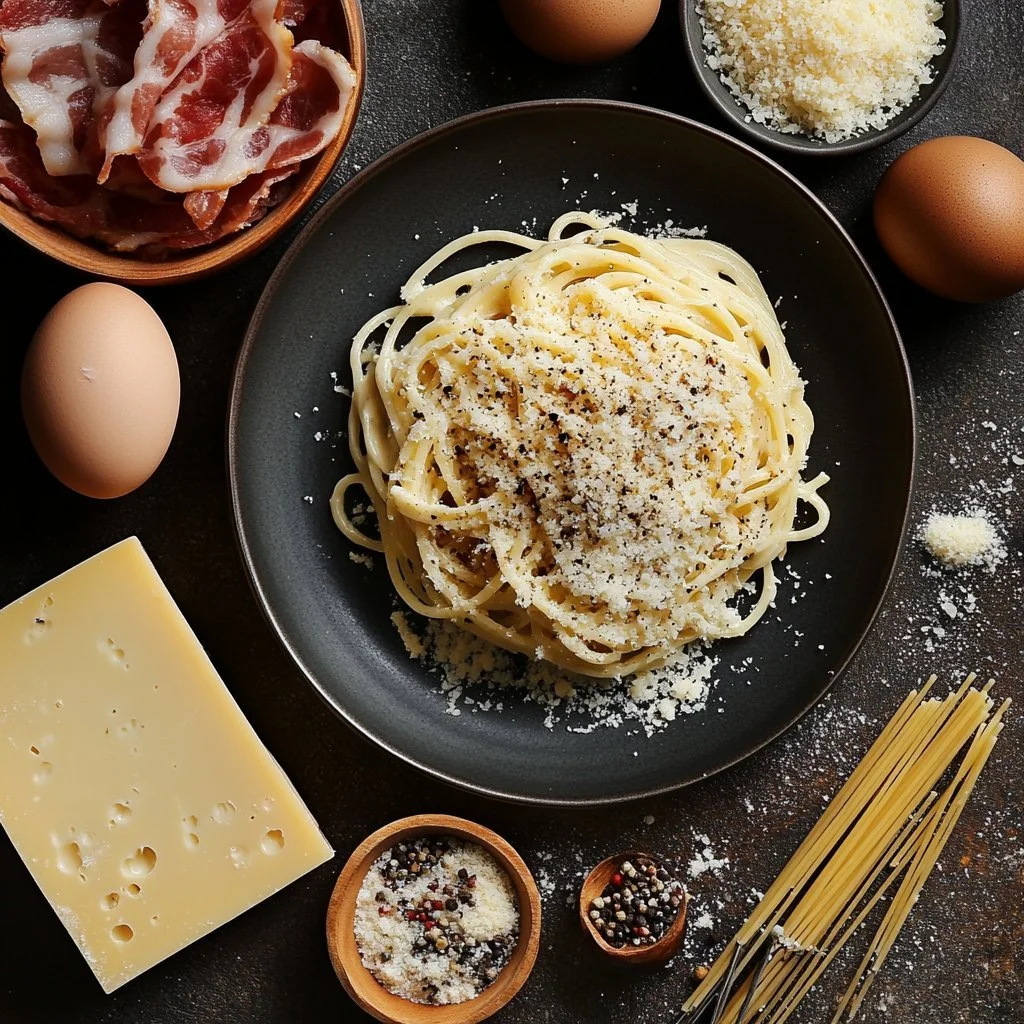 Piatto di Carbonara con pancetta, uova e formaggio grattugiato