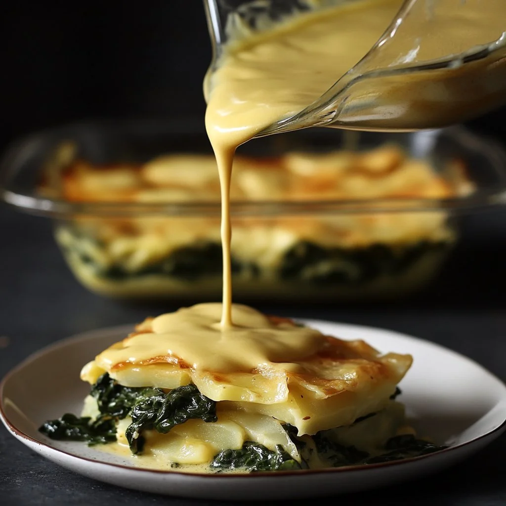 Casseruola di patate e spinaci appena sfornata, piatto sano e nutriente