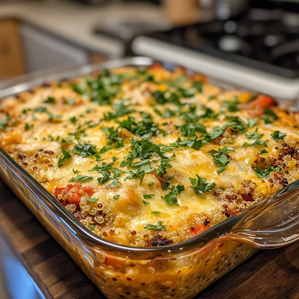 Casseruola di quinoa con verdure colorate e formaggio filante