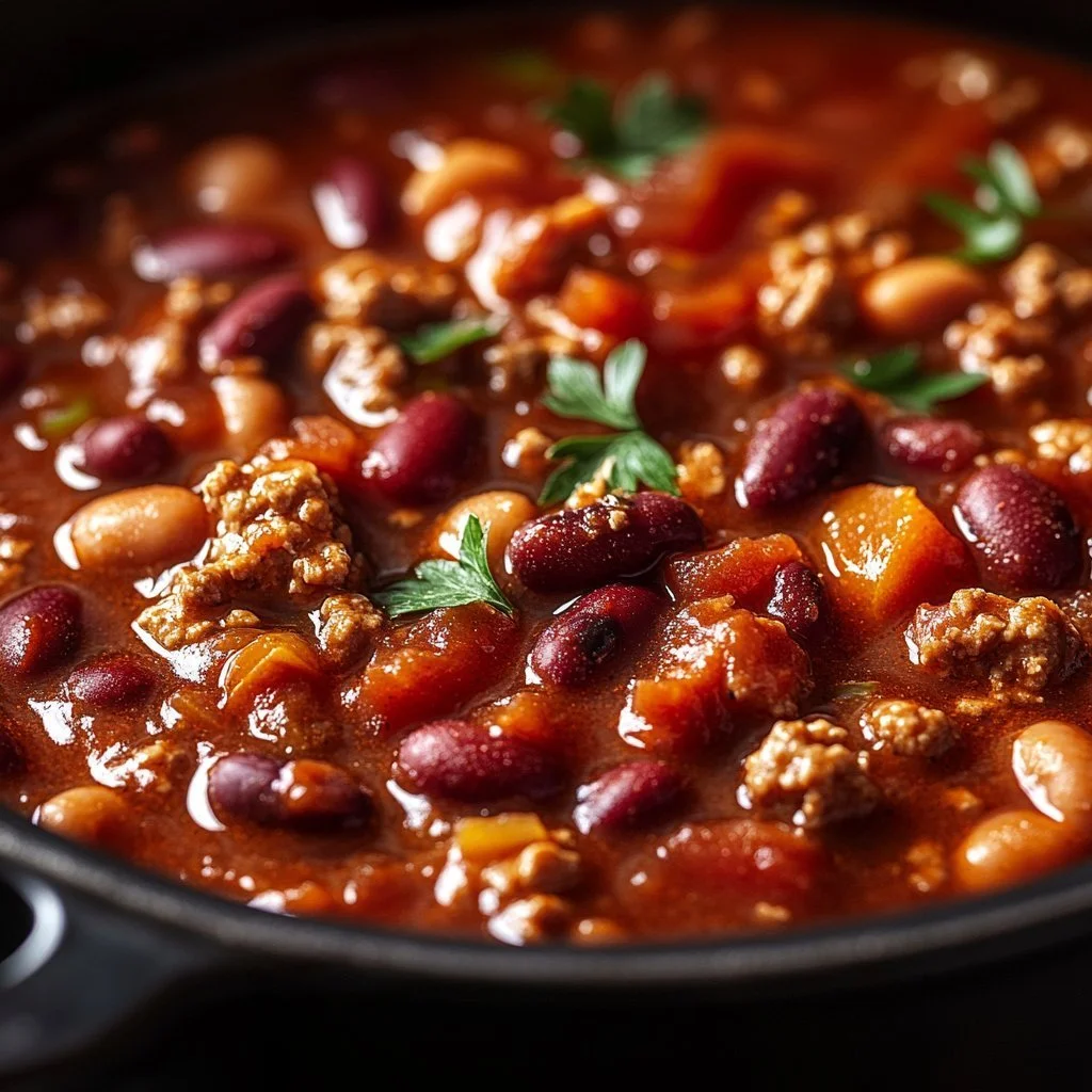 Piatto di Chili con Carne fumante servito in una ciotola decorativa.