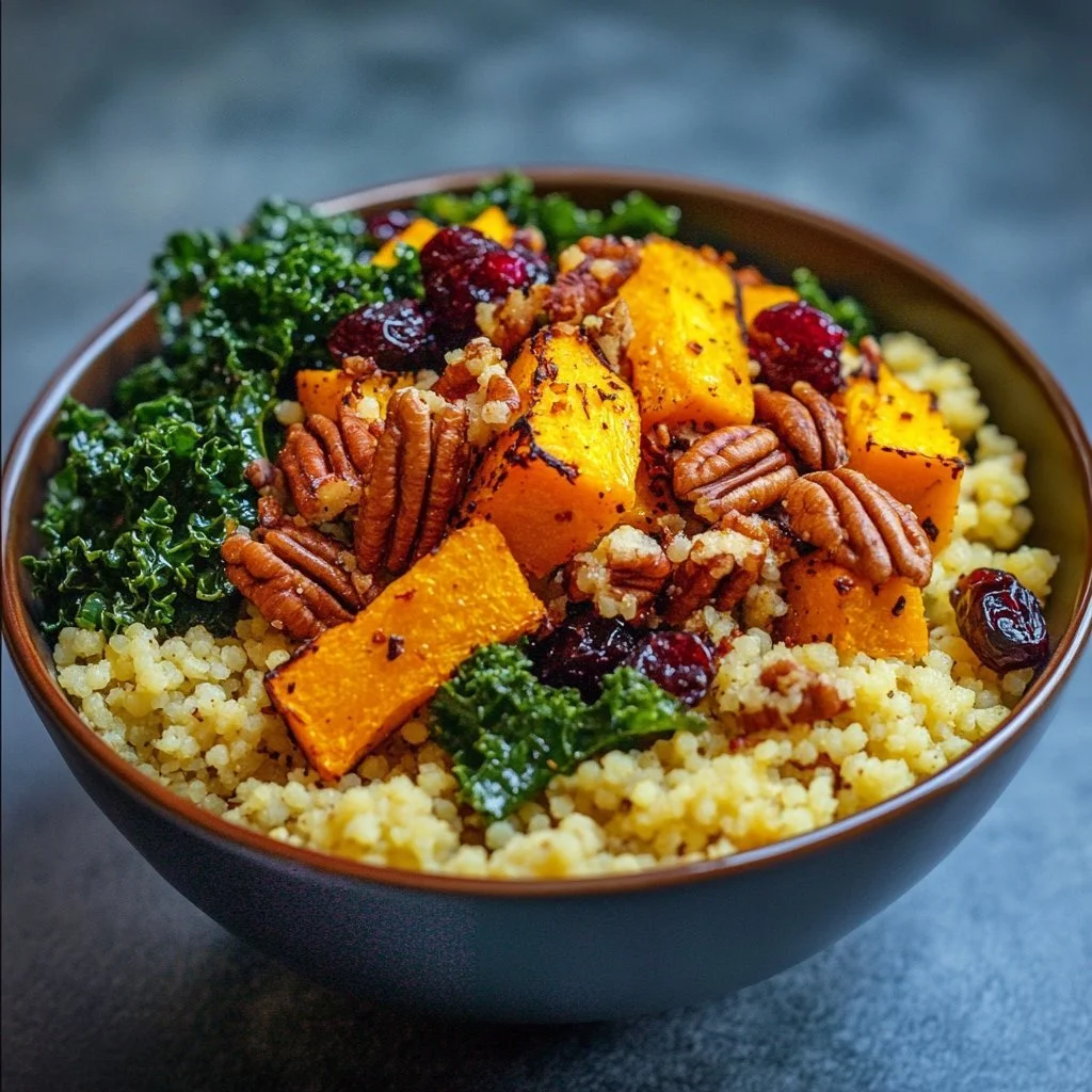 Ciotola di couscous con zucca butternut pronta da gustare