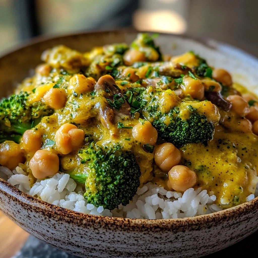 Curry di broccoli, ceci e funghi nel latte di cocco in un piatto colorato