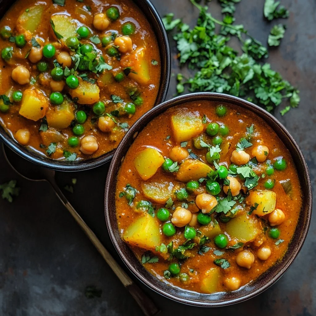 Piatto di curry di patate con spezie e ingredienti freschi