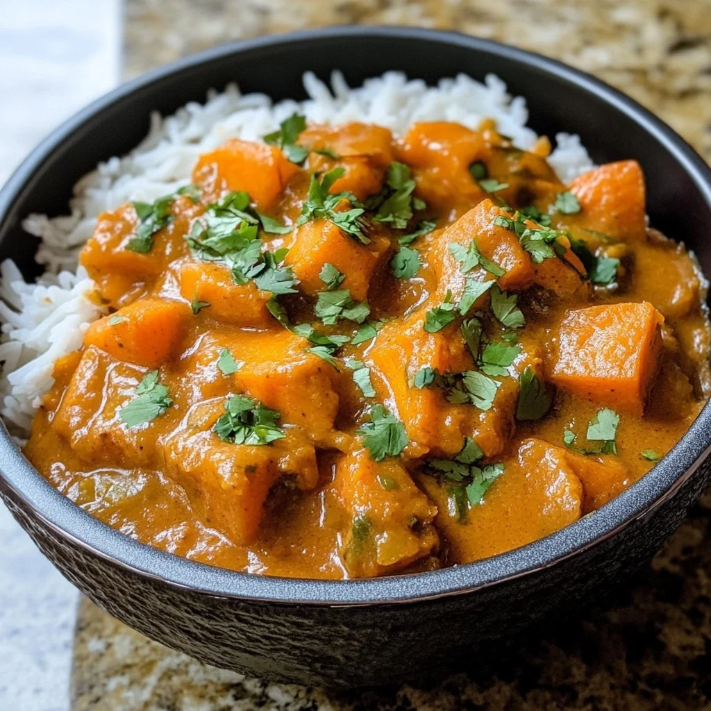 Piatto di Curry di patate dolci con spezie colorate e ingredienti freschi