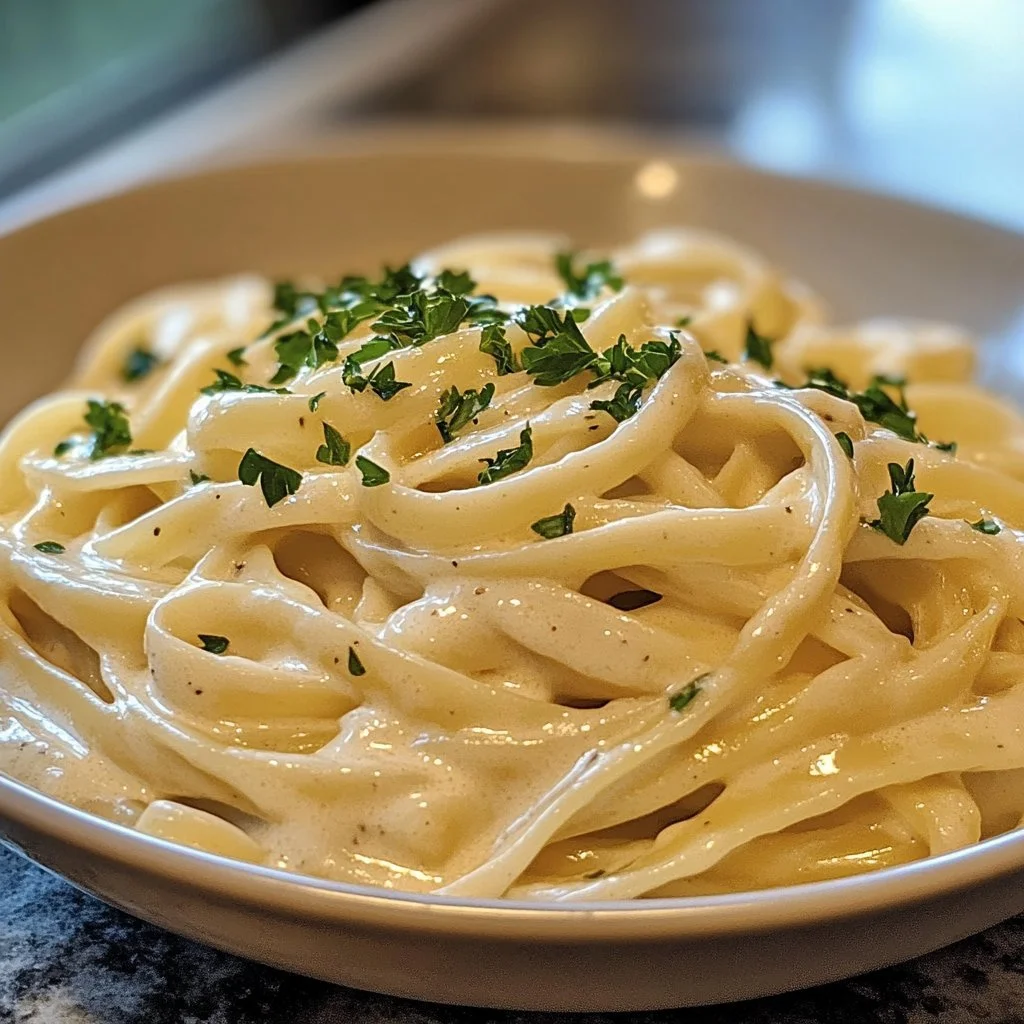 Piatto di Fettuccine Alfredo con salsa cremosa e formaggio.