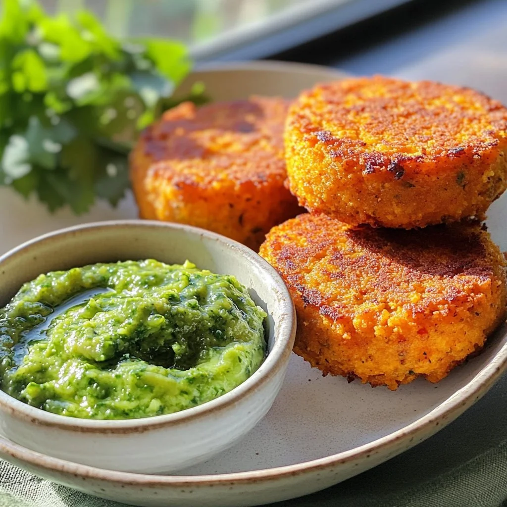 Frittelle di patate dolci e lenticchie rosse pronte da servire