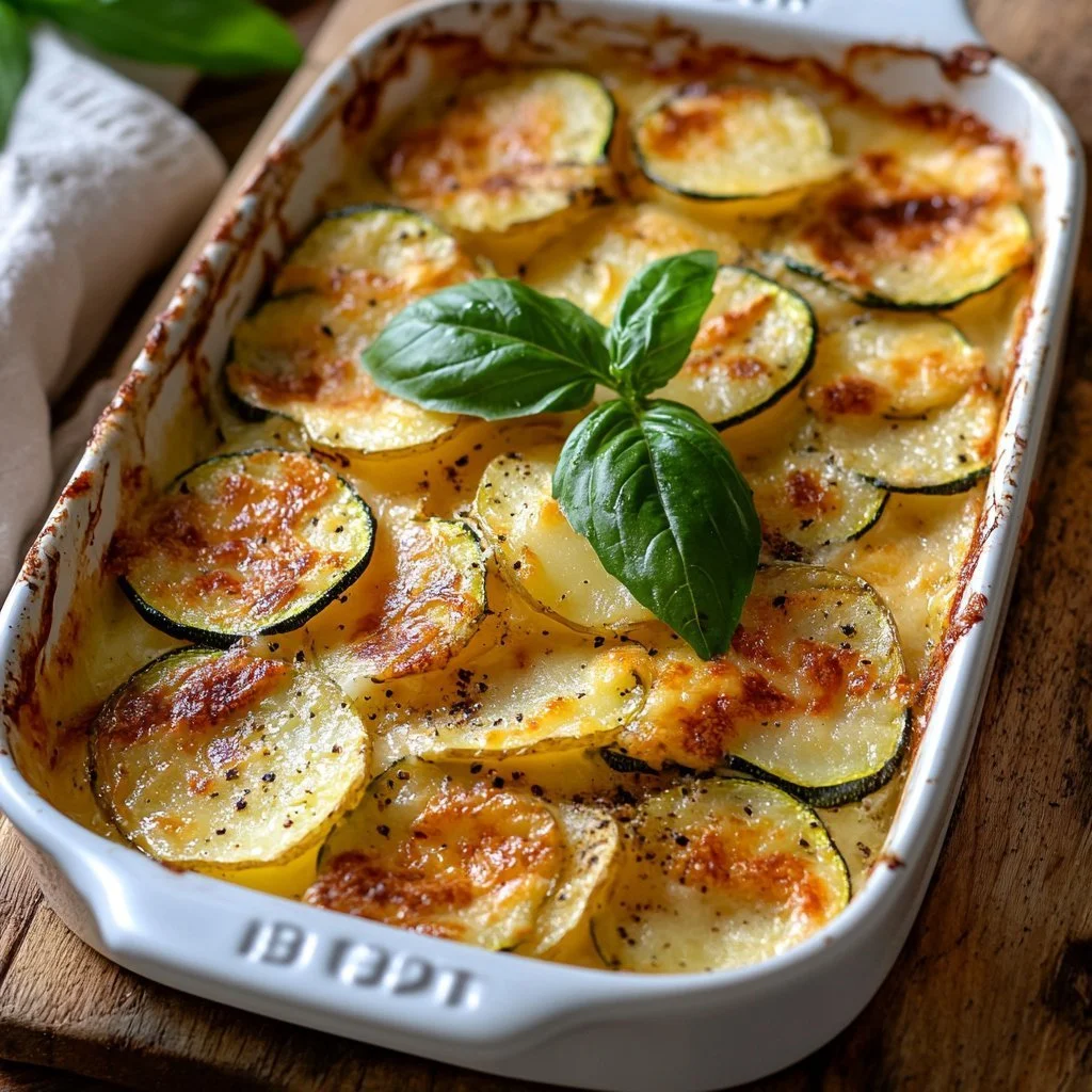 Gratin di Patate e Zucchine al forno, un piatto delizioso e cremoso.