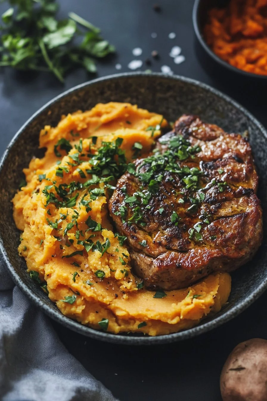 Steak di cavolfiore vegano al forno e purè di patate dolci