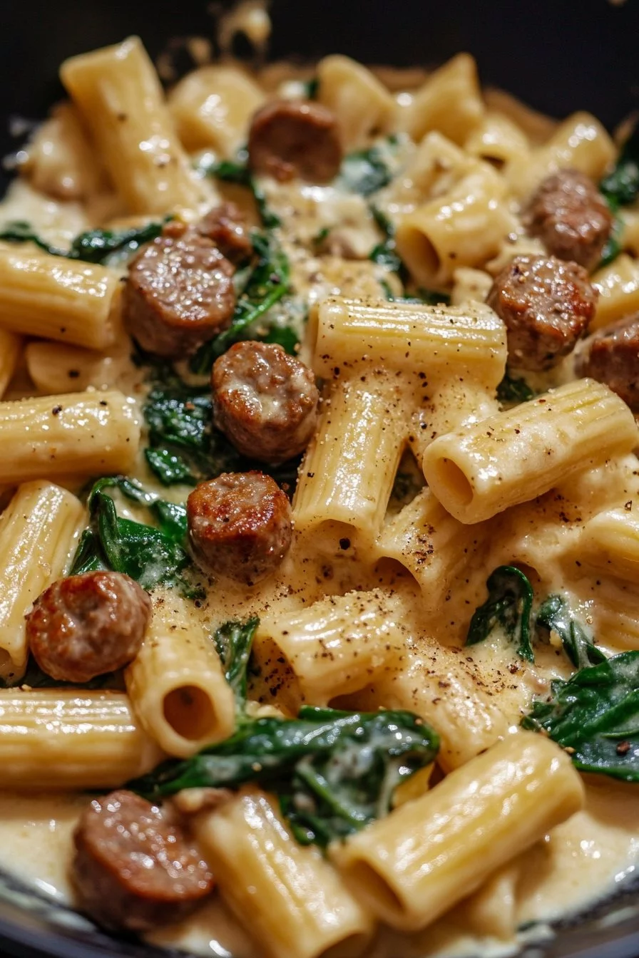 Rigatoni Cremoso con Salsicce e Spinaci