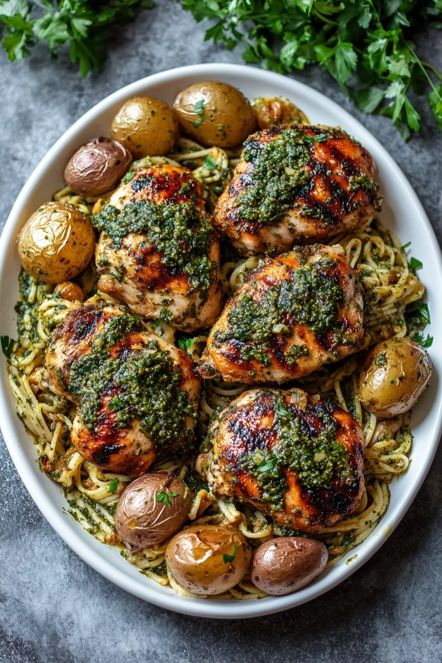Pollo grigliato alle erbe con pasta cremosa al pesto e patate arrosto