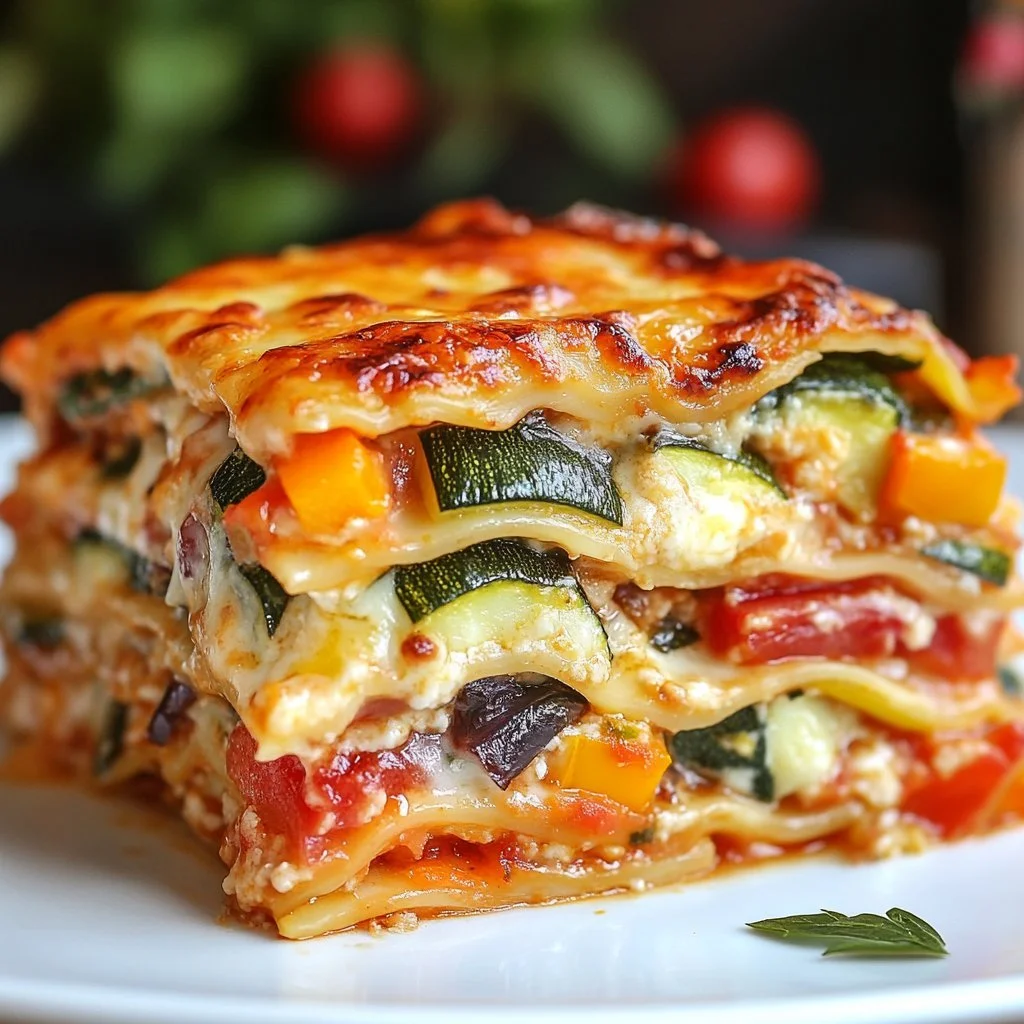 Lasagna di verdure ricca di proteine su un piatto blu