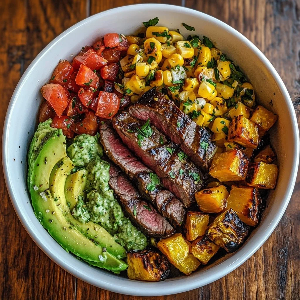 Ciotola con manzo, avocado e mais grigliato - ricetta deliziosa e nutriente.