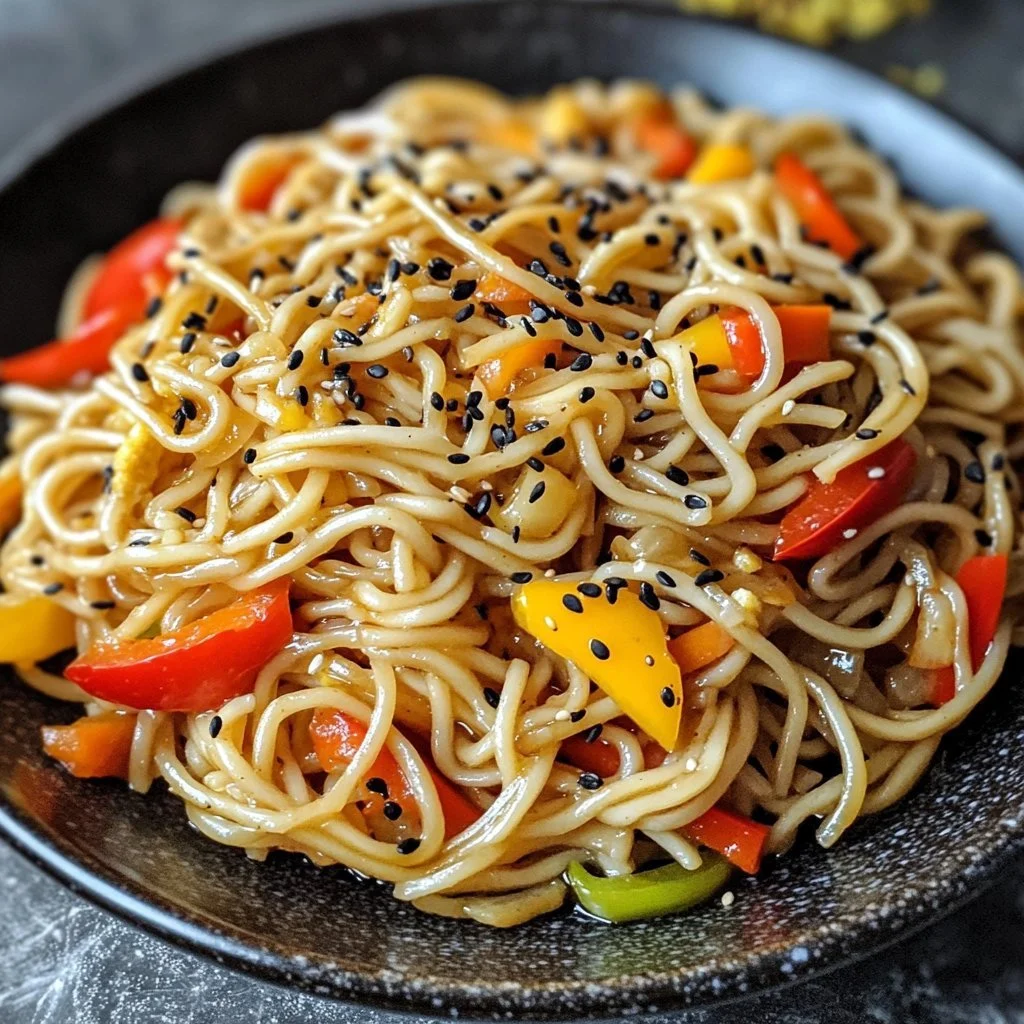 Noodles freschi con funghi enoki e pollo in un piatto colorato