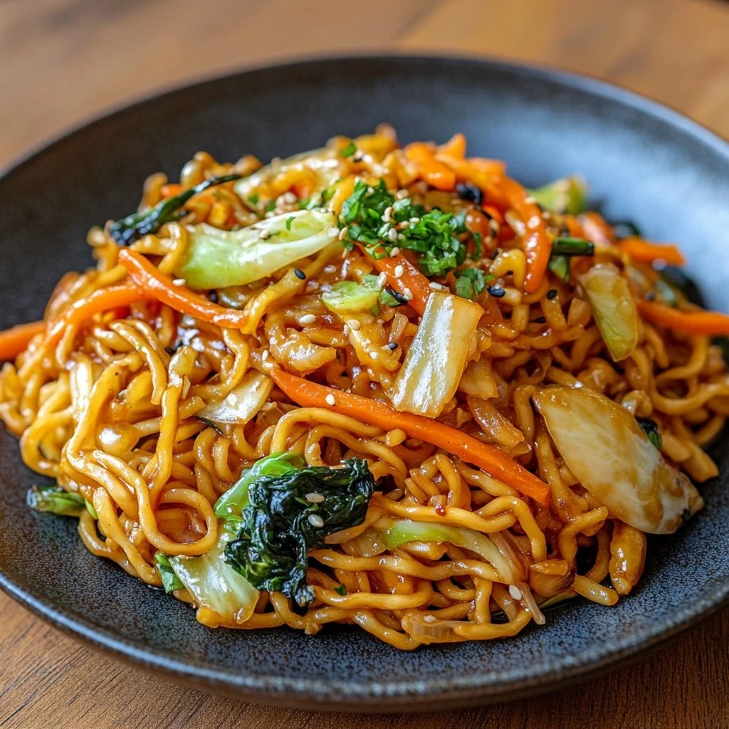 Noodles Lo Mein pronti in 15 minuti con verdure fresche e salsa deliziosa.