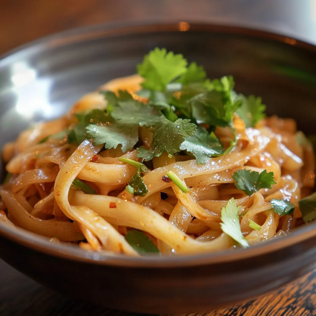Noodles saltati con coriandolo e succo di lime in un piatto colorato.