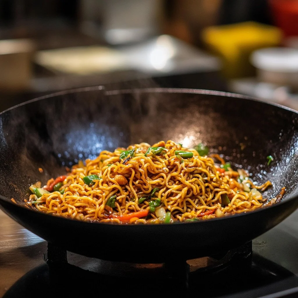 Piatto di Noodles Saltati Semplici con verdure fresche e aromi.