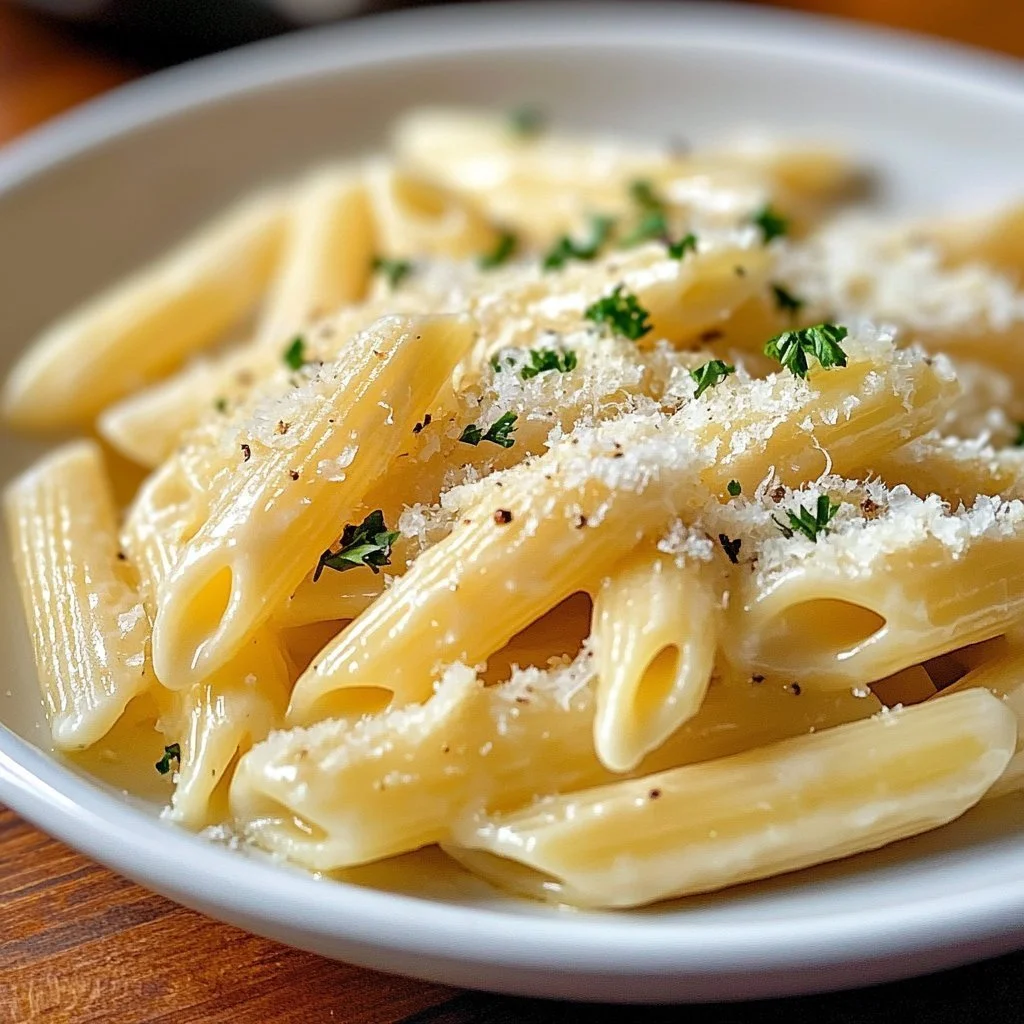 Pasta Aglio e Olio cremosa servita in un piatto bianco con prezzemolo fresco.