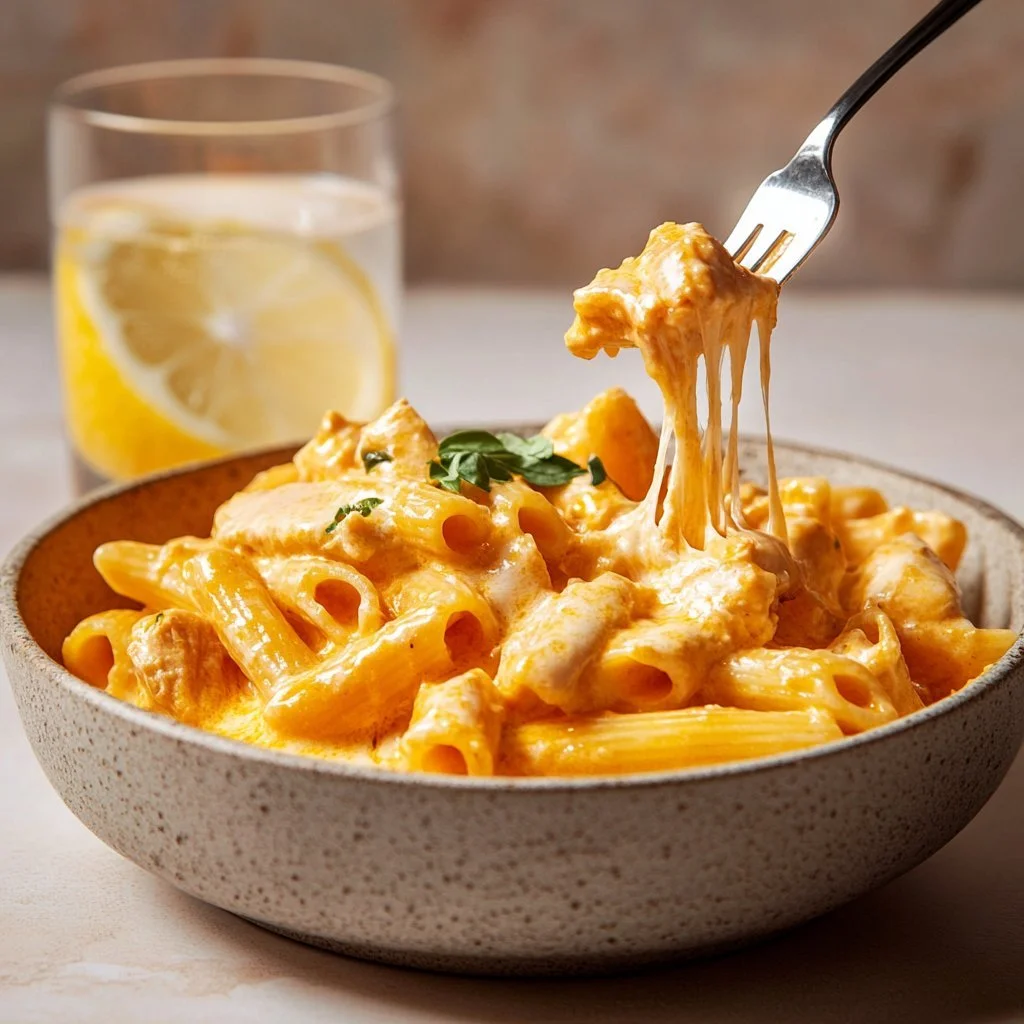 Pasta al pollo cremoso con salsa ricca e ingredienti freschi.
