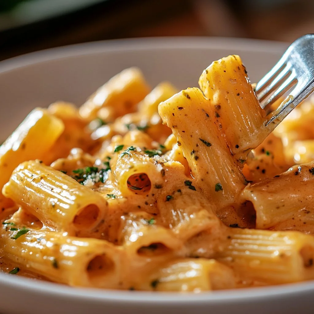 Pasta al Pollo Pesto Crema al Forno servita in un piatto elegante