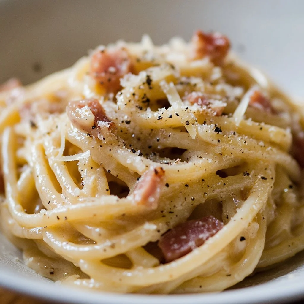 Pasta alla Carbonara con guanciale e pecorino servita in un piatto.