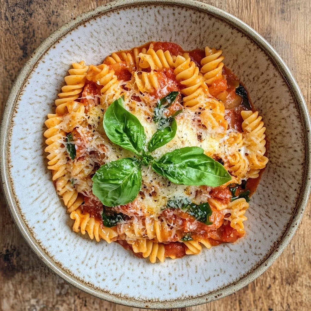 Pasta alla Sorrentina servita con formaggio e pomodoro fresco