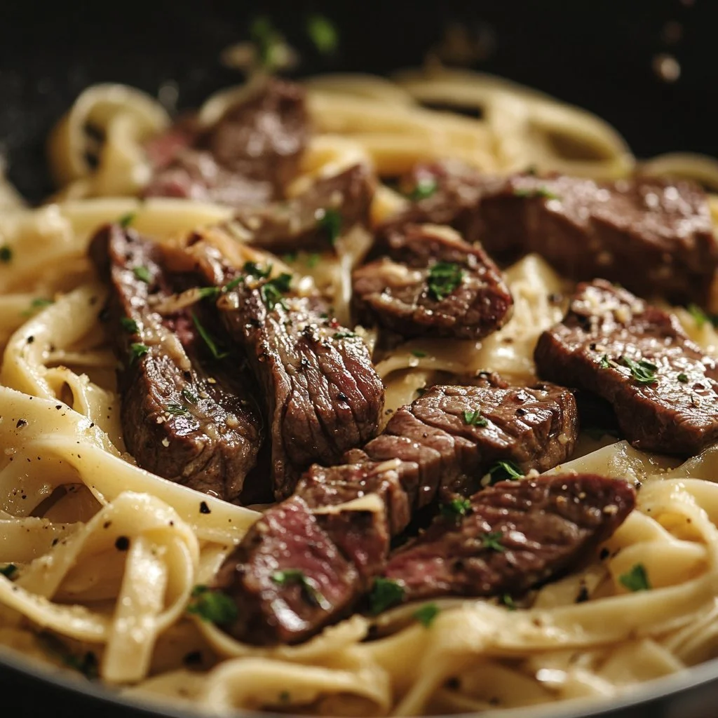 Pasta con bistecca piccante all'aglio e parmigiano servita in un piatto.