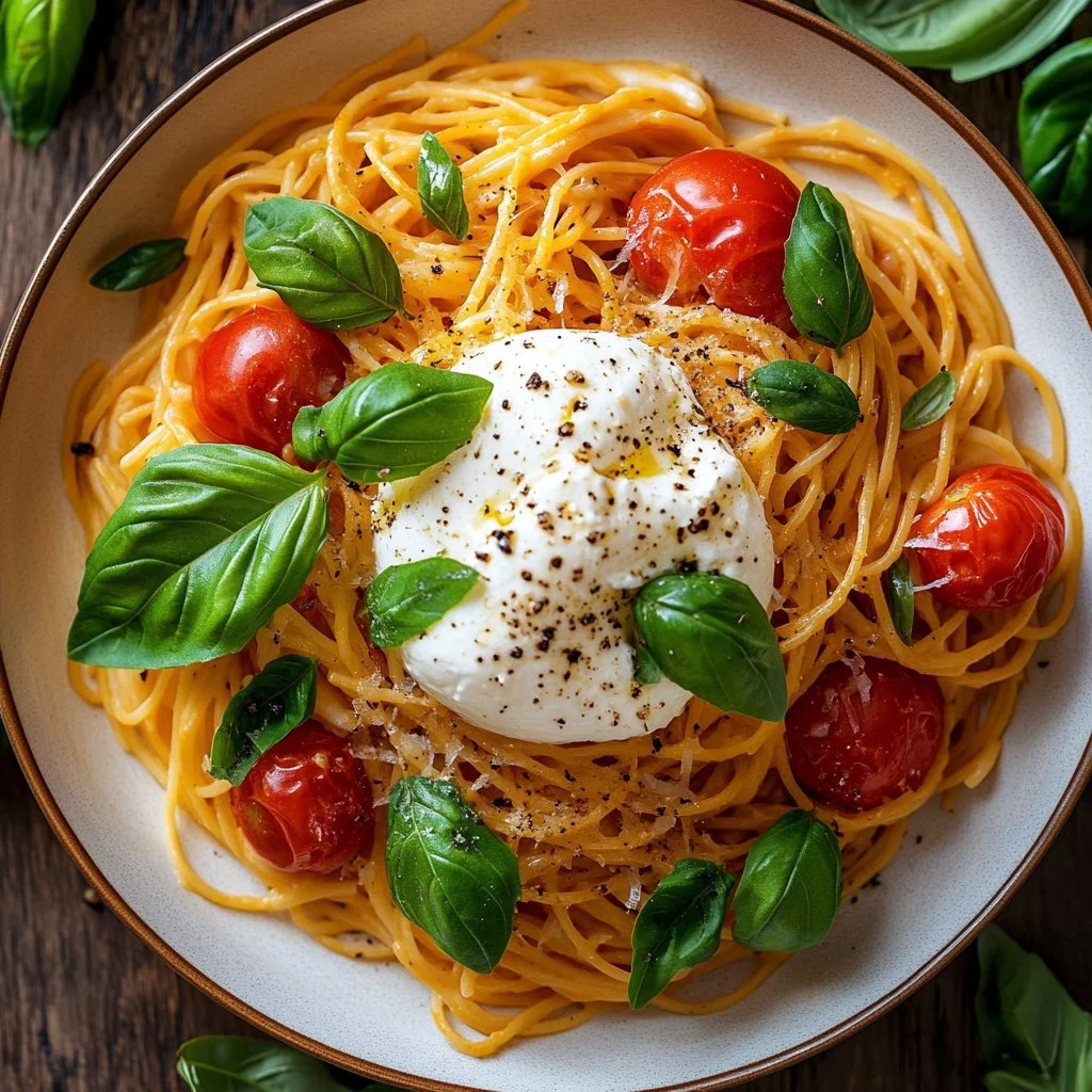 Pasta con burrata e pomodori esplosivi, un piatto ricco di sapore e cremosità.