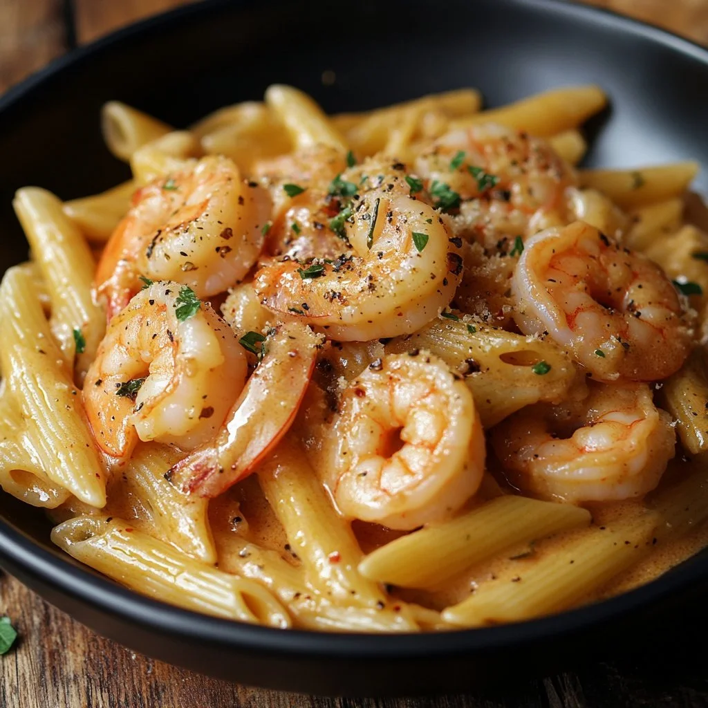 Pasta con Gamberetti servita con salsa di pomodoro e prezzemolo fresco.