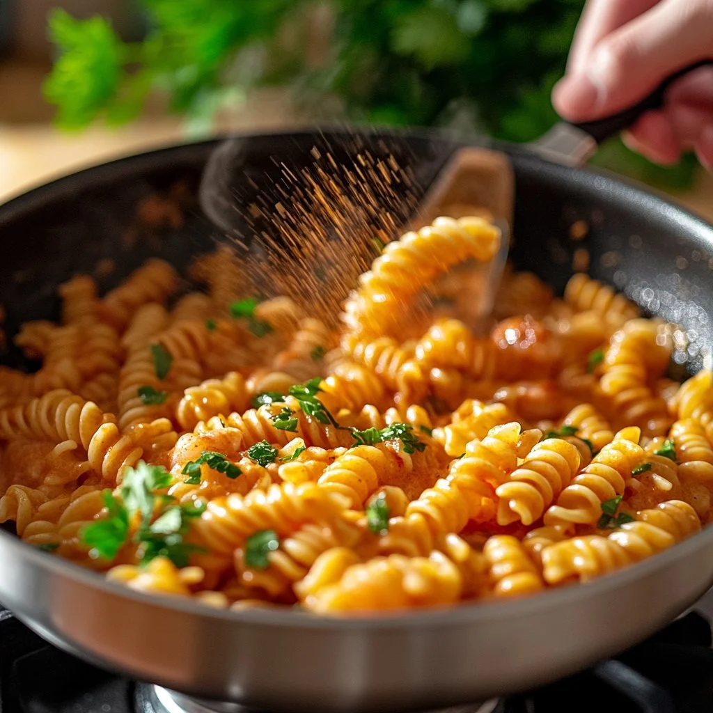 Pasta con gamberi rosa e salsa rosa italiana, un piatto di alta cucina