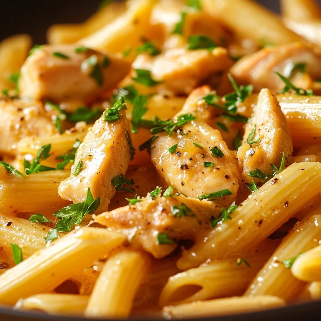 Pasta con Pollo servita in un piatto, con pollo tenero e salsa cremosa.