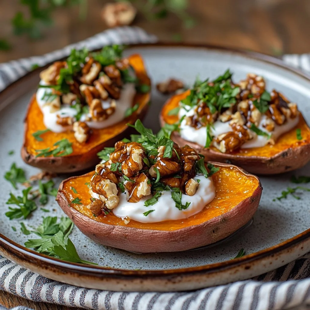 Patata dolce arrosto servita con yogurt e miele