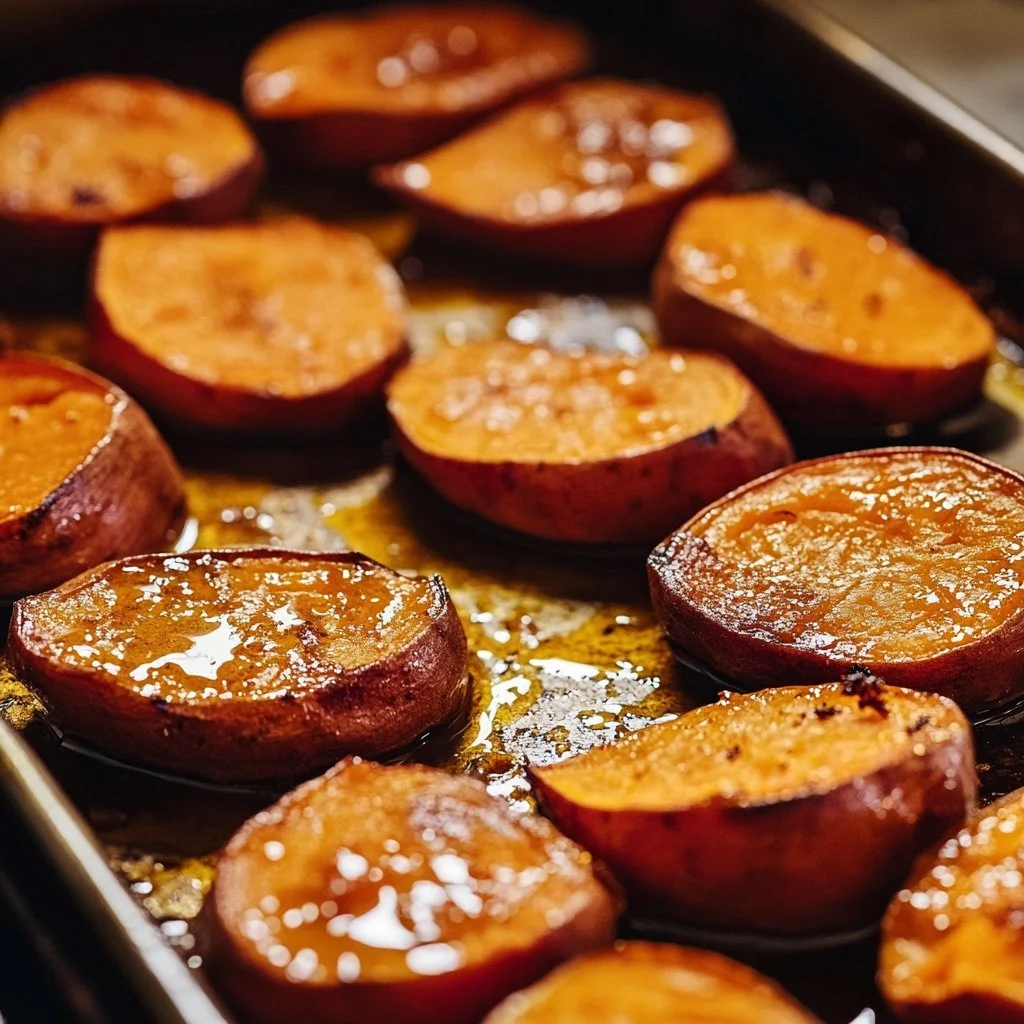 Patate dolci cotte al burro e alla cannella su un piatto elegante.