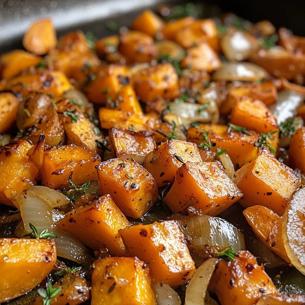 Patate dolci saltate con cipolle, aglio e timo in una padella