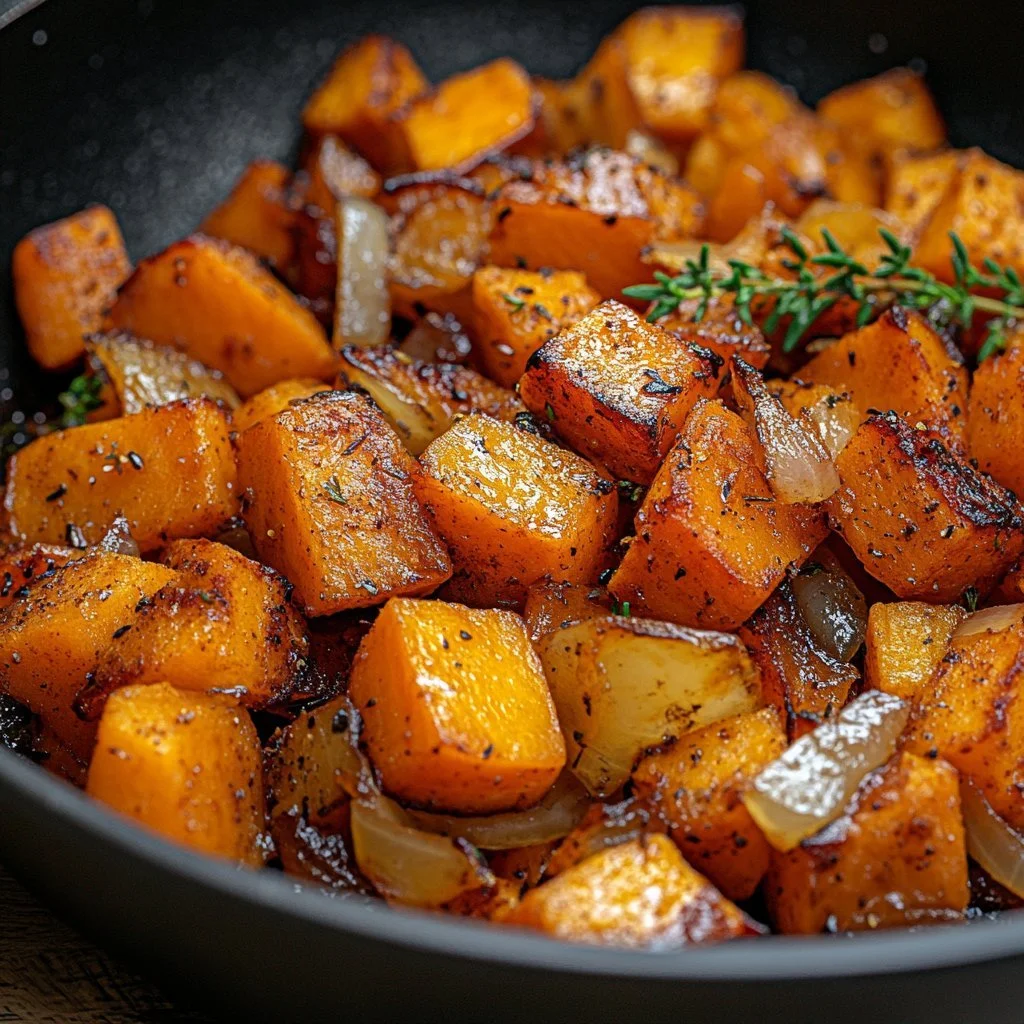 Patate dolci saltate con cipolle, aglio e timo su piatto