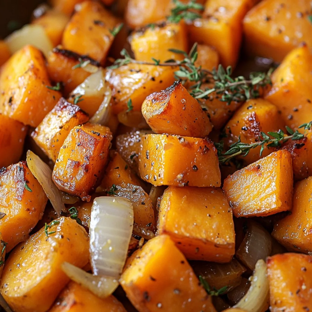 Patate dolci saltate con cipolle, aglio e timo in un piatto colorato