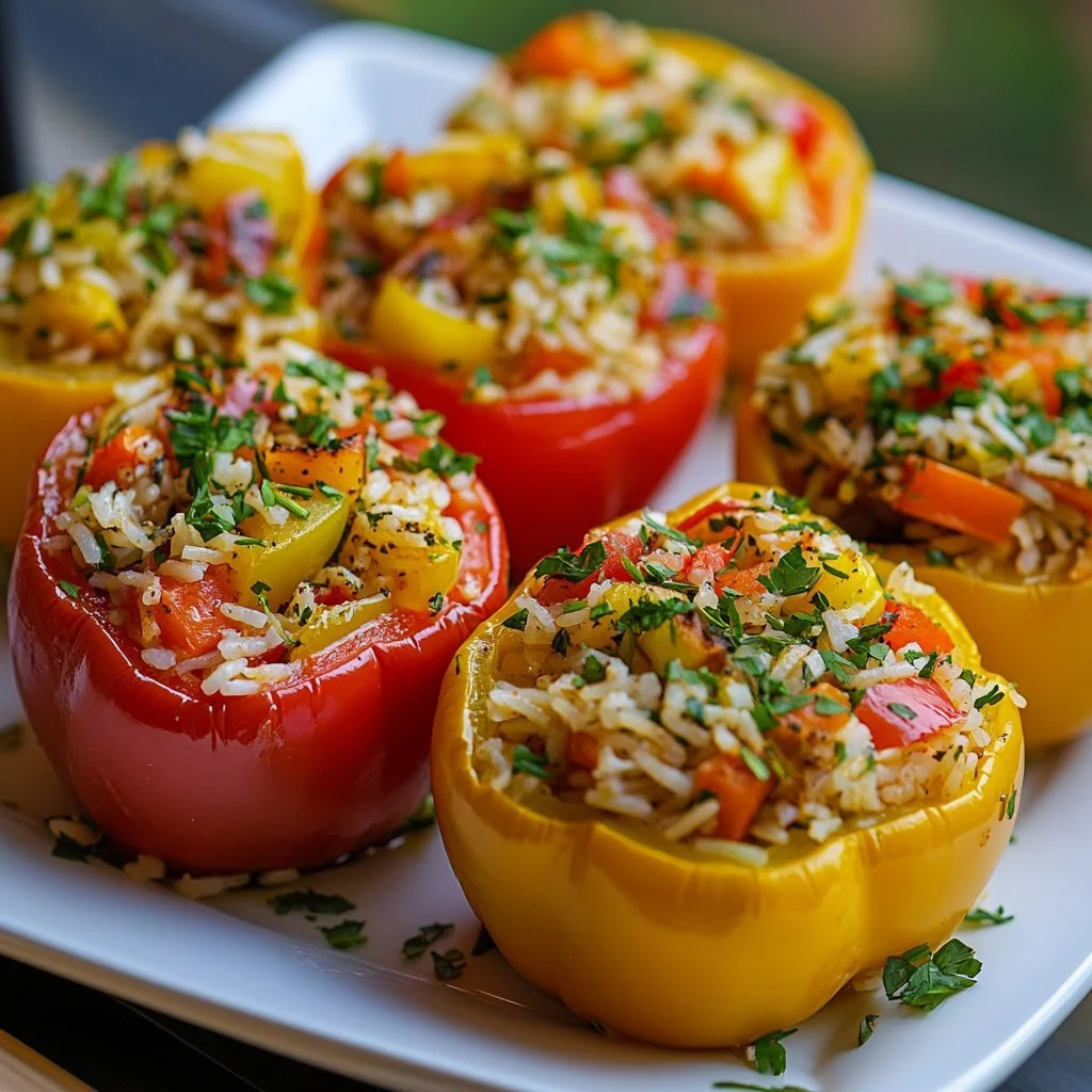 Peperoni ripieni colorati pronti da servire, con ingredienti freschi e appetitosi.