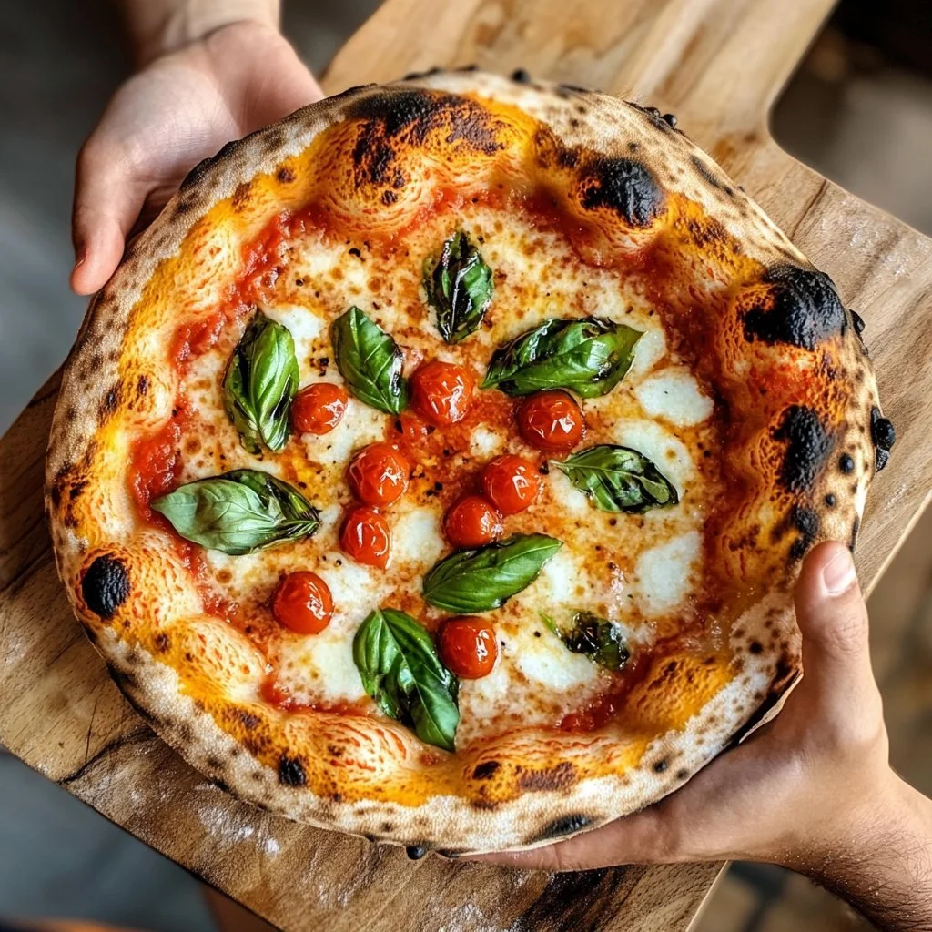 Un'immagine di una deliziosa Pizza Napoletana appena sfornata con ingredienti freschi.