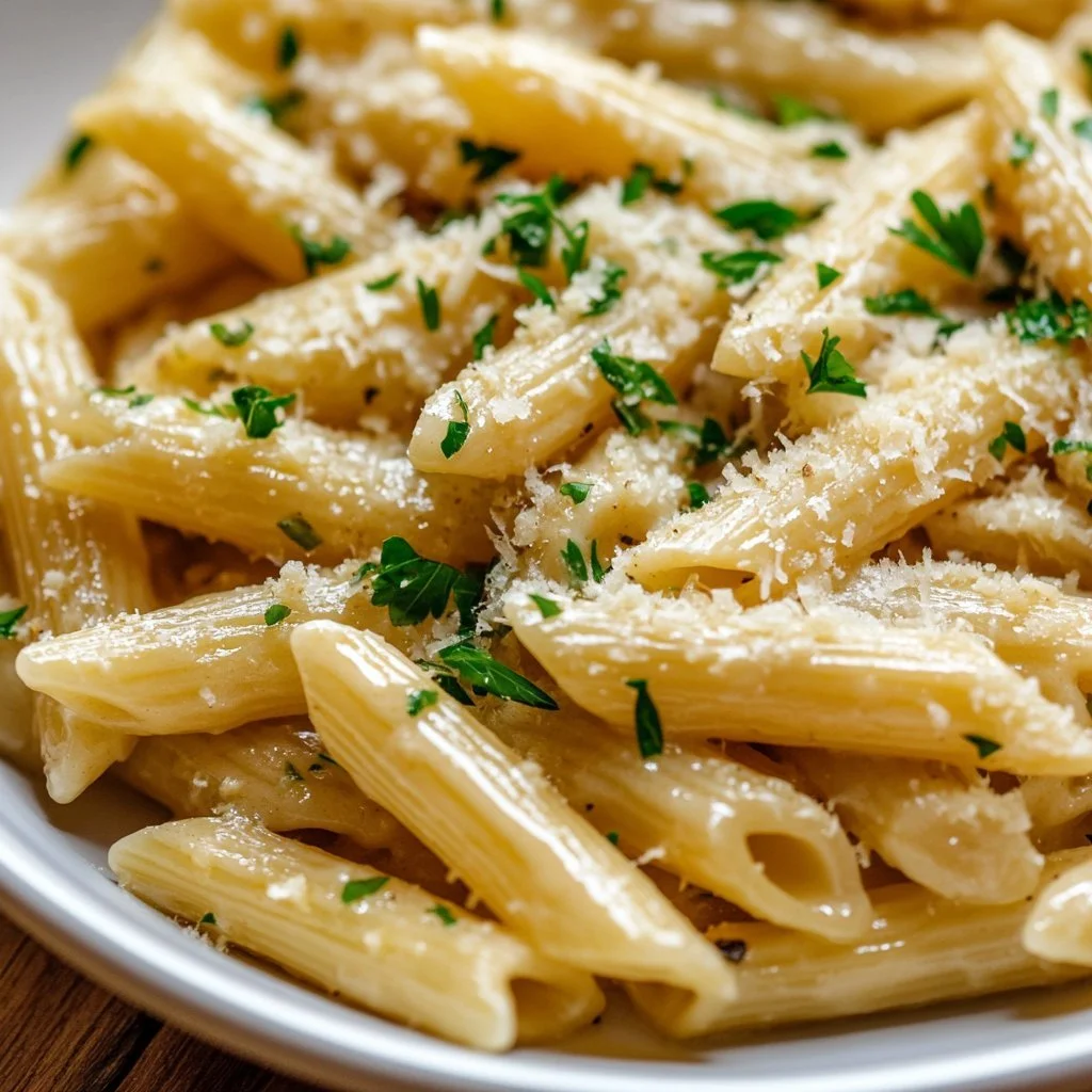 Piatto di pollo all'aglio e parmigiano servito con pasta fresca.