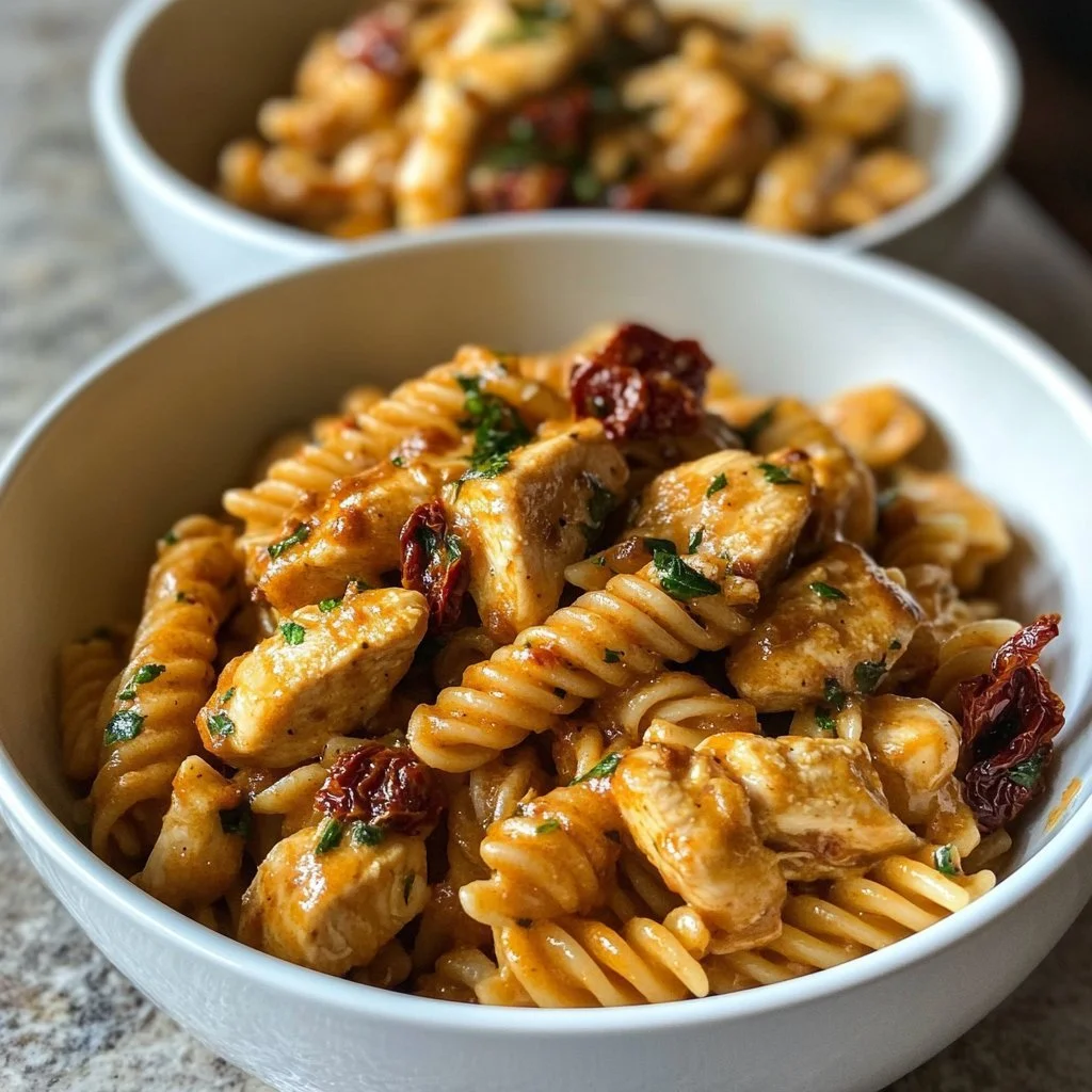 Pollo con pasta cremosa, un piatto delizioso e ricco di sapore.