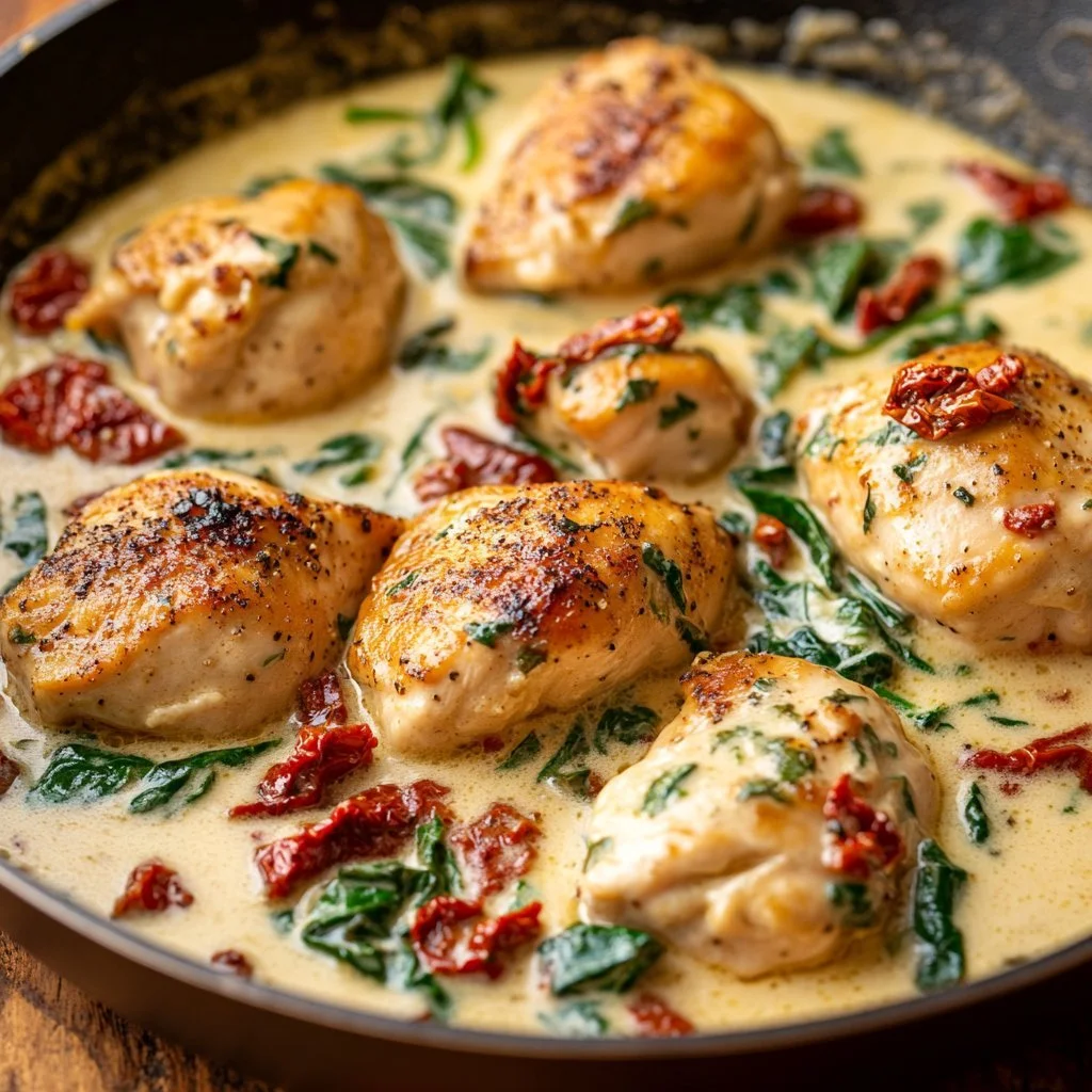 Pollo cremoso all'aglio toscano servito in un piatto elegante