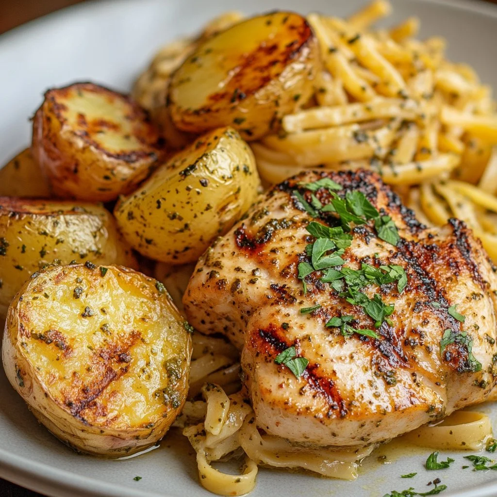 Pollo grigliato alle erbe con pasta cremosa al pesto e patate arrosto.