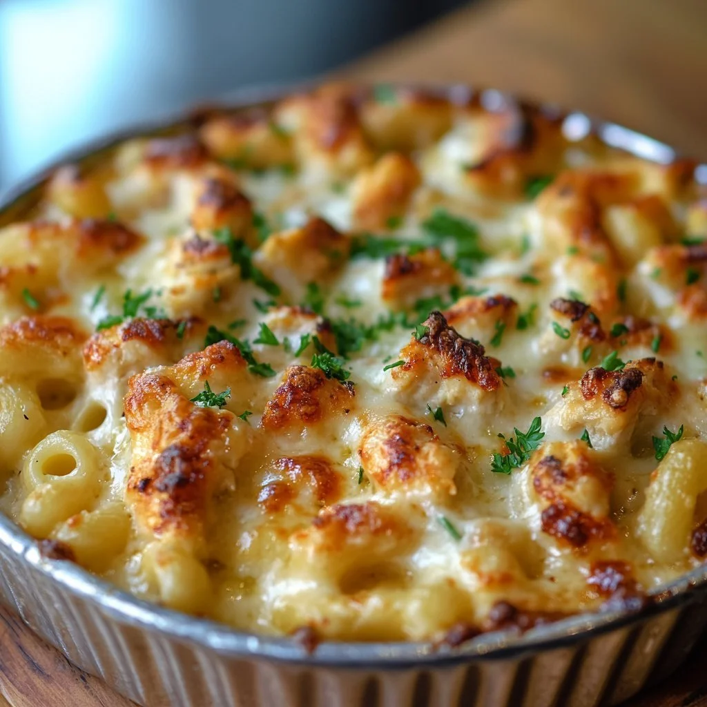 Pollo Maccheroni al Formaggio, piatto cremoso e saporito con pollo e pasta.