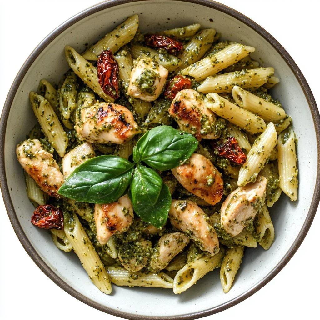 Piatto di pollo pesto pasta con basilico fresco e pomodorini
