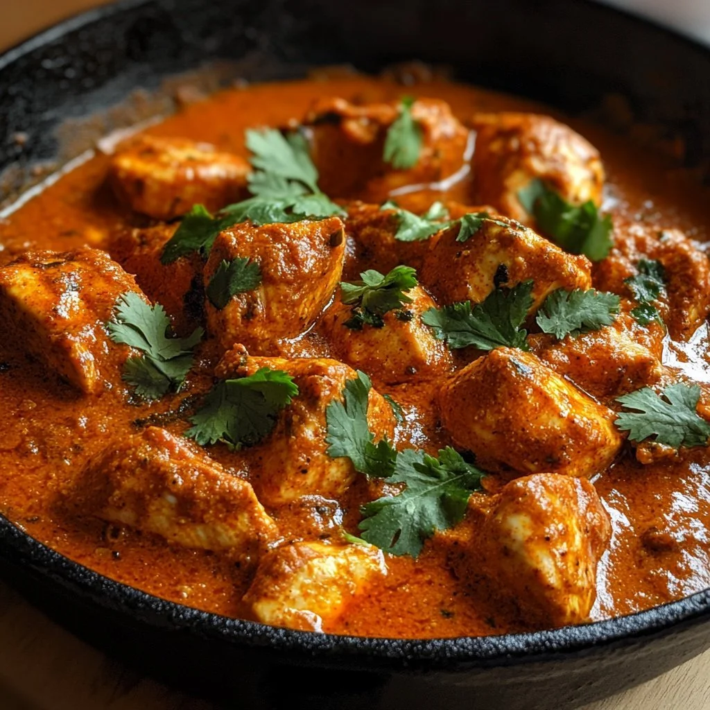 Piatto di Pollo Tikka Masala servito con riso basmati e contorni