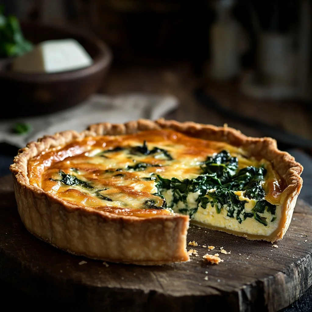 Quiche senza crosta con ricotta e spinaci appena sfornata